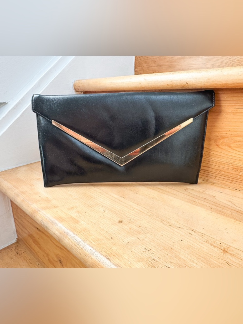 Black Leather Envelope Clutch with Gold V-Bar Accent